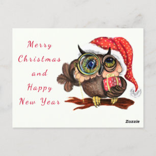 Cute Baby Owl In Christmas Hat and Gift - Cartoon Postcard