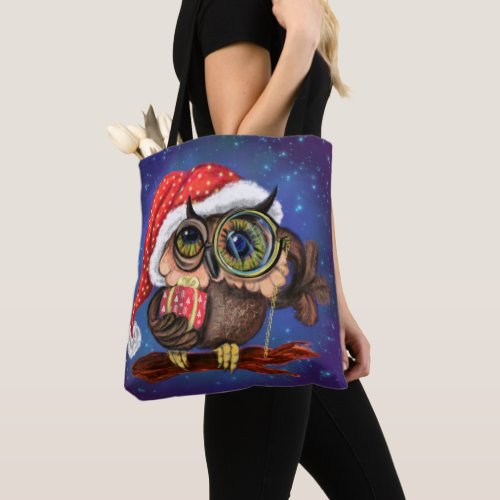 Cute Baby Owl In Christmas Hat and Gift _ Cartoon  Tote Bag