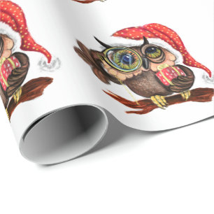 Cute Baby Owl In Christmas Hat and Gift - Cartoon Wrapping Paper