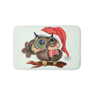 Cute Baby Owl In Christmas Hat and Gift For You Bath Mat