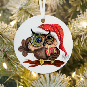 Cute Baby Owl In Christmas Hat and Gift For You Metal Ornament