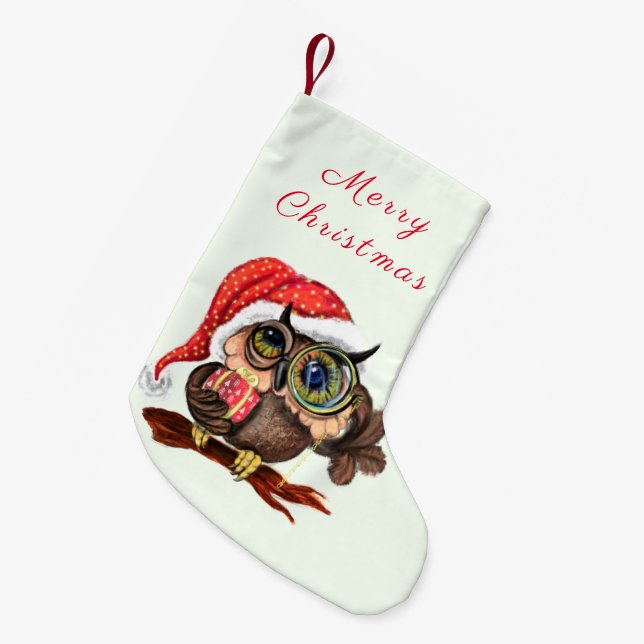 Cute Baby Owl In Christmas Hat and Gift For You Small Christmas Stocking (Front (Hanging))