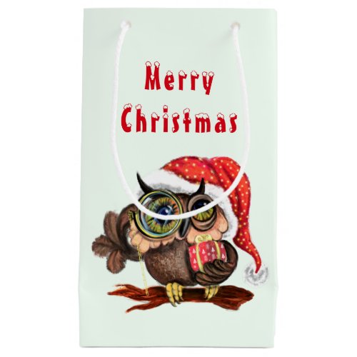 Cute Baby Owl In Christmas Hat and Gift For You Small Gift Bag