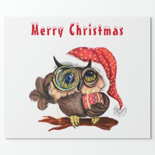 Cute Baby Owl In Christmas Hat and Gift For You Wrapping Paper