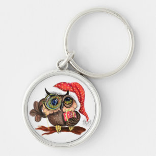 Cute Baby Owl In Christmas Hat and Gift - Fun Keyc Keychain