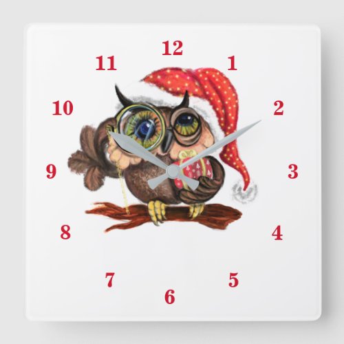 Cute Baby Owl In Christmas Hat and Gift _ Fun Square Wall Clock