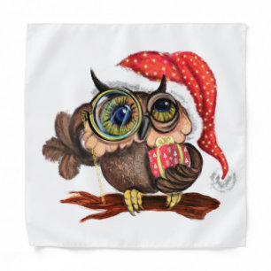Cute Baby Owl In Christmas Hat and Gift - Painting Bandana