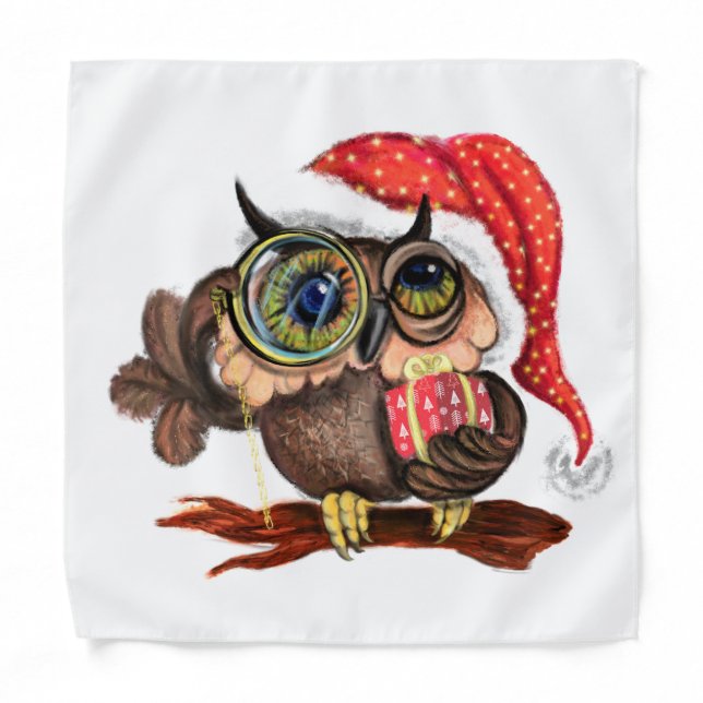 Cute Baby Owl In Christmas Hat and Gift - Painting Bandana (Front)