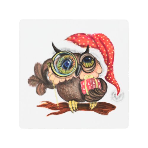 Cute Baby Owl In Christmas Hat and Gift _ Painting Metal Print