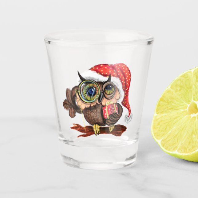 Cute Baby Owl In Christmas Hat and Gift - Painting Shot Glass (Front)