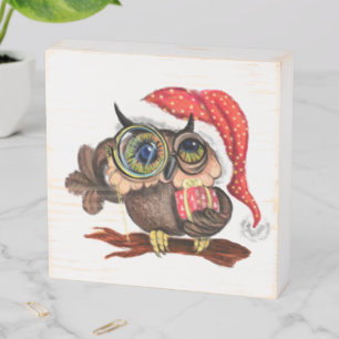 Cute Baby Owl In Christmas Hat and Gift - Painting Wooden Box Sign