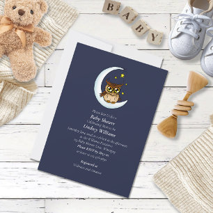Cute Baby Owl Moon Stars Blue Shower Invitation