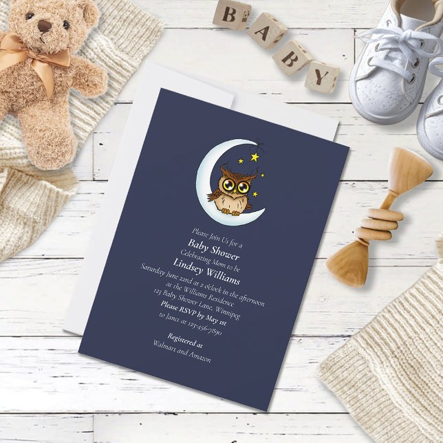 Cute Baby Owl Moon Stars Blue Shower Invitation (Creator Uploaded)