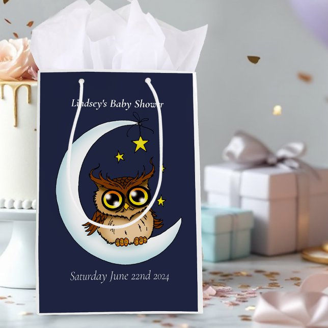 Cute Baby Owl Moon Stars Blue Shower Medium Gift Bag (Creator Uploaded)