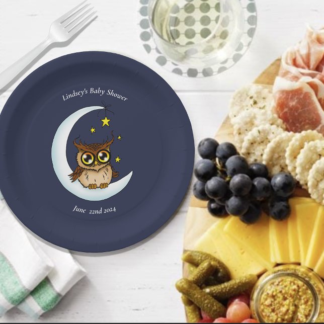 Cute Baby Owl Moon Stars Blue Shower Paper Plates (Creator Uploaded)