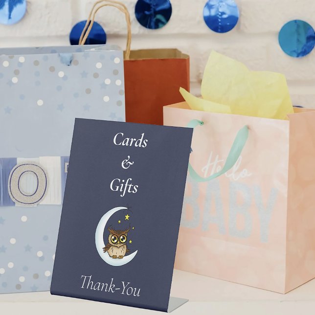 Cute Baby Owl Moon Stars Blue Shower Pedestal Sign (Creator Uploaded)