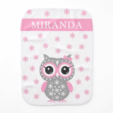 Cute Baby Owl Pink Gray Custom Name Burp Cloth