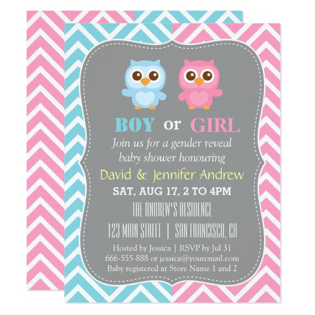 Cute Baby Owl Theme Chevron Gender Reveal Party Invitation