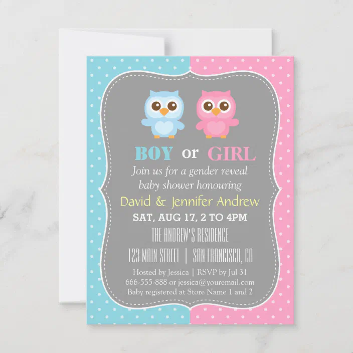Owl Party Gender Reveal Baby Shower Invitation Boy or Girl 
