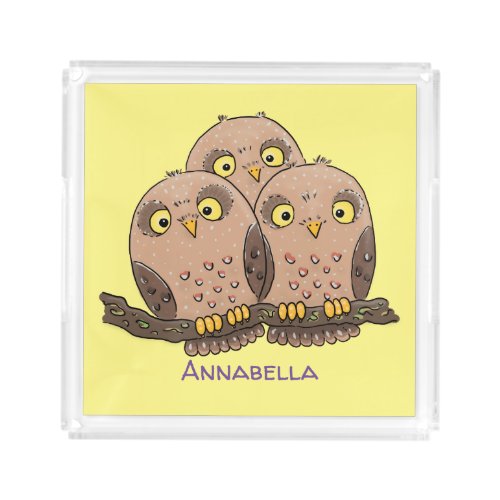 Cute baby owl trio cartoon illustration acrylic tray