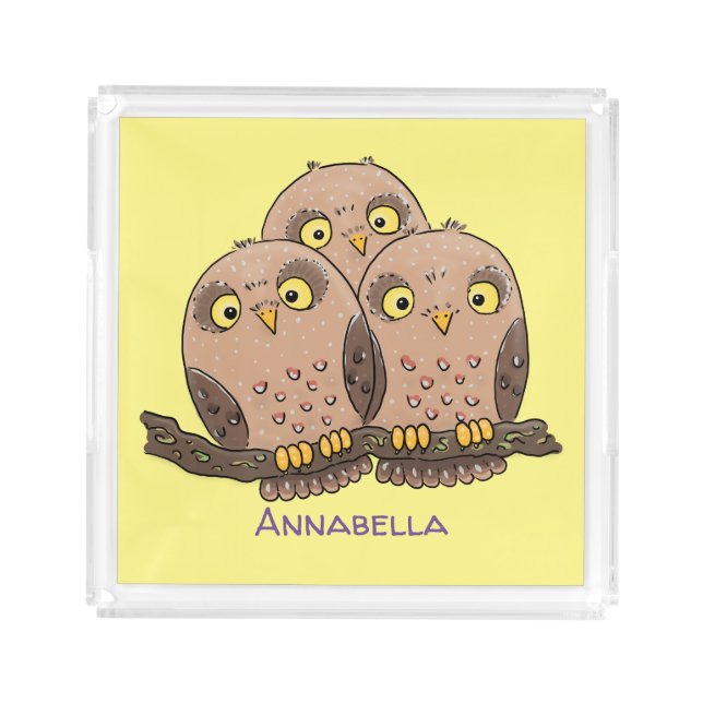 Cute baby owl trio cartoon illustration acrylic tray (Front)