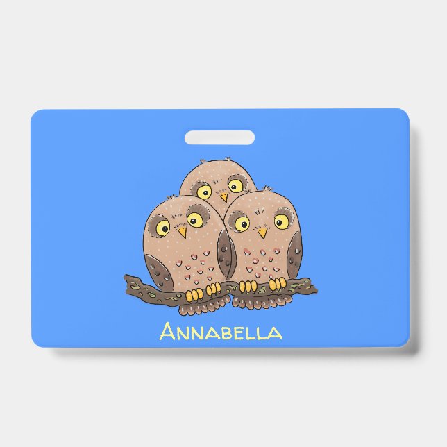 Cute baby owl trio cartoon illustration badge (Front)