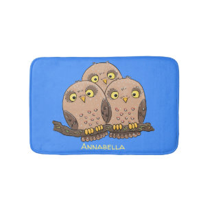 Cute baby owl trio cartoon illustration bath mat