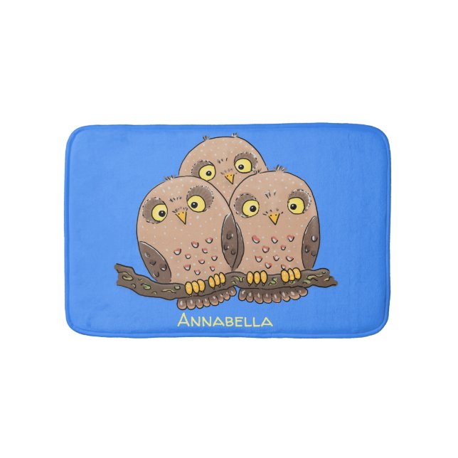 Cute baby owl trio cartoon illustration bath mat (Front)