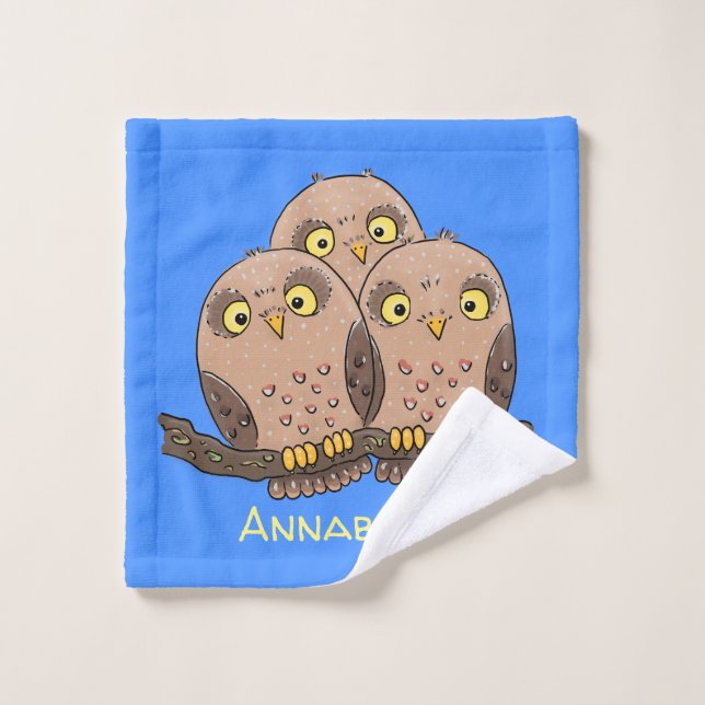 Cute baby owl trio cartoon illustration bath towel set (Wash Cloth)
