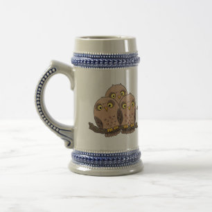 Cute baby owl trio cartoon illustration beer stein