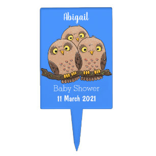 Cute baby owl trio cartoon illustration cake topper