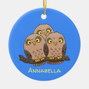 Cute baby owl trio cartoon illustration ceramic ornament