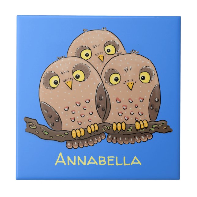 Cute baby owl trio cartoon illustration ceramic tile (Front)