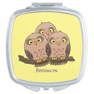 Cute baby owl trio cartoon illustration compact mirror