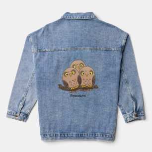 Cute baby owl trio cartoon illustration denim jacket