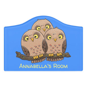 Cute baby owl trio cartoon illustration door sign