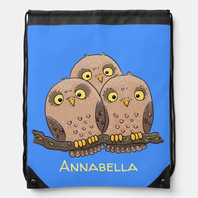 Cute baby owl trio cartoon illustration drawstring bag (Front)
