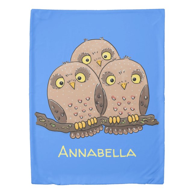 Cute baby owl trio cartoon illustration duvet cover (Front)