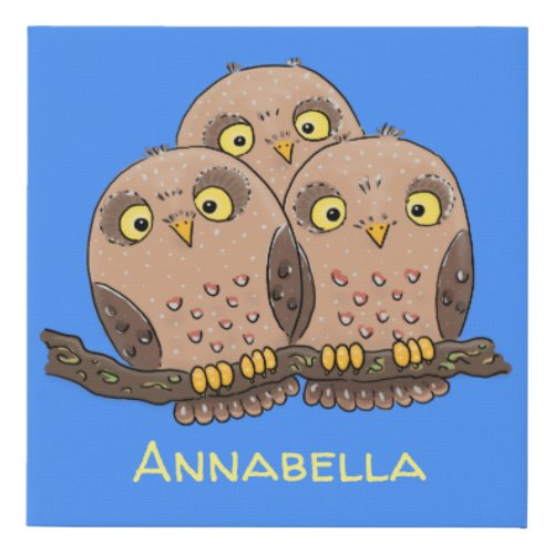 Cute baby owl trio cartoon illustration faux canvas print