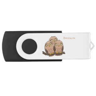 Cute baby owl trio cartoon illustration flash drive