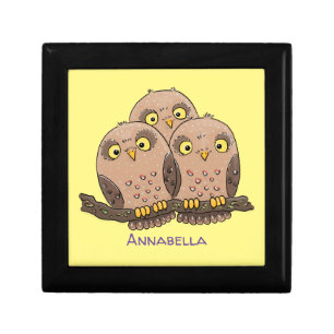 Cute baby owl trio cartoon illustration gift box