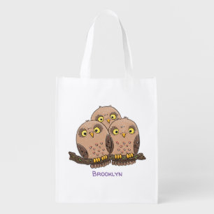 Cute baby owl trio cartoon illustration grocery bag