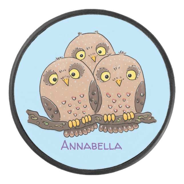Cute baby owl trio cartoon illustration hockey puck (Front)