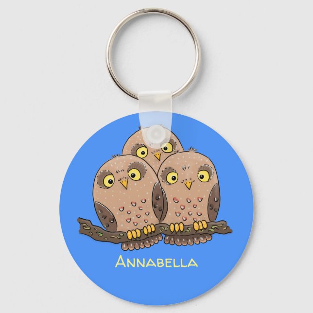Cute baby owl trio cartoon illustration keychain (Front)