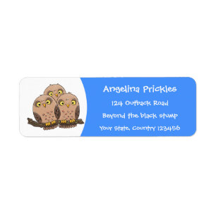 Cute baby owl trio cartoon illustration label