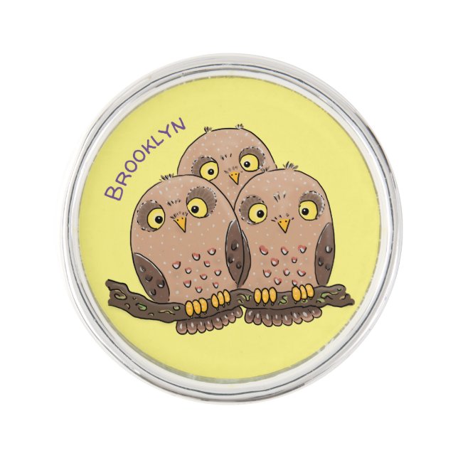 Cute baby owl trio cartoon illustration lapel pin (Front)