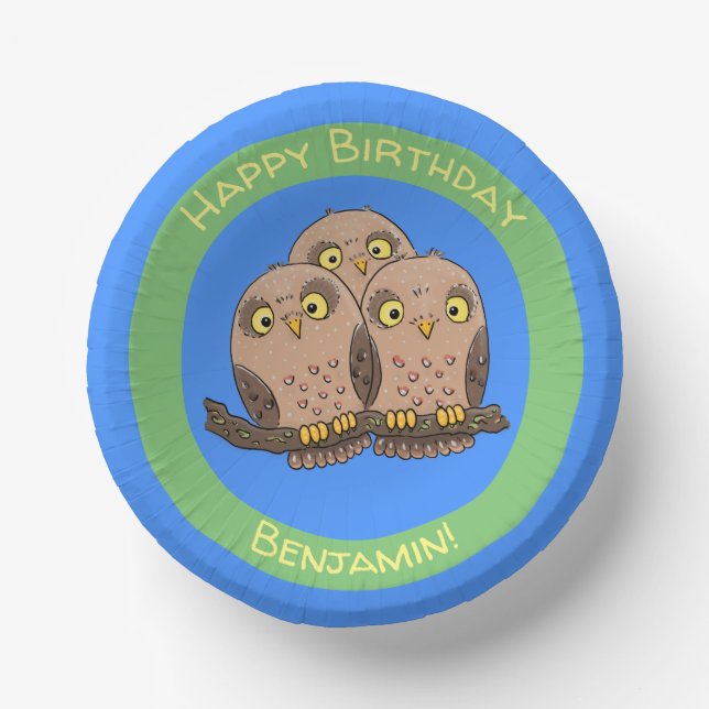 Cute baby owl trio cartoon illustration paper bowls (Front)
