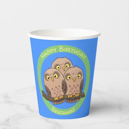 Cute baby owl trio cartoon illustration  paper cups
