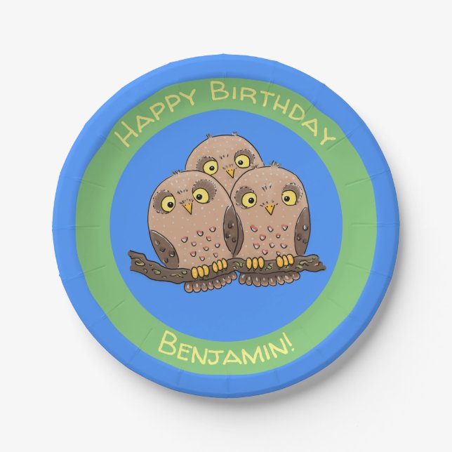 Cute baby owl trio cartoon illustration paper plates (Front)