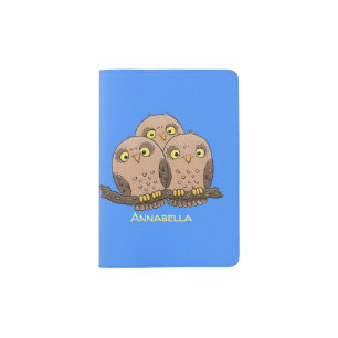 Cute baby owl trio cartoon illustration passport holder
